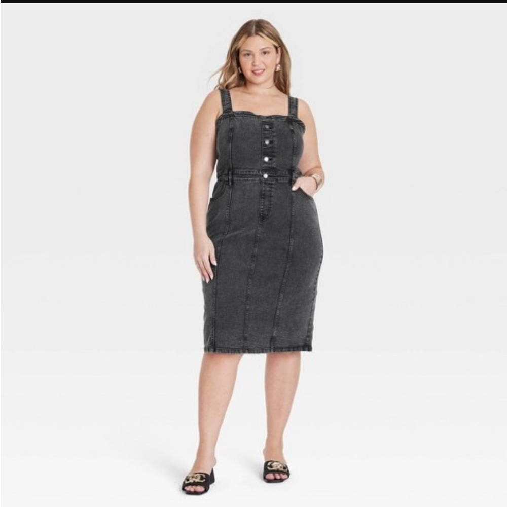 NWT Ava & Viv Black Wash Denim Midi Dress with Adjustable Straps size 2X